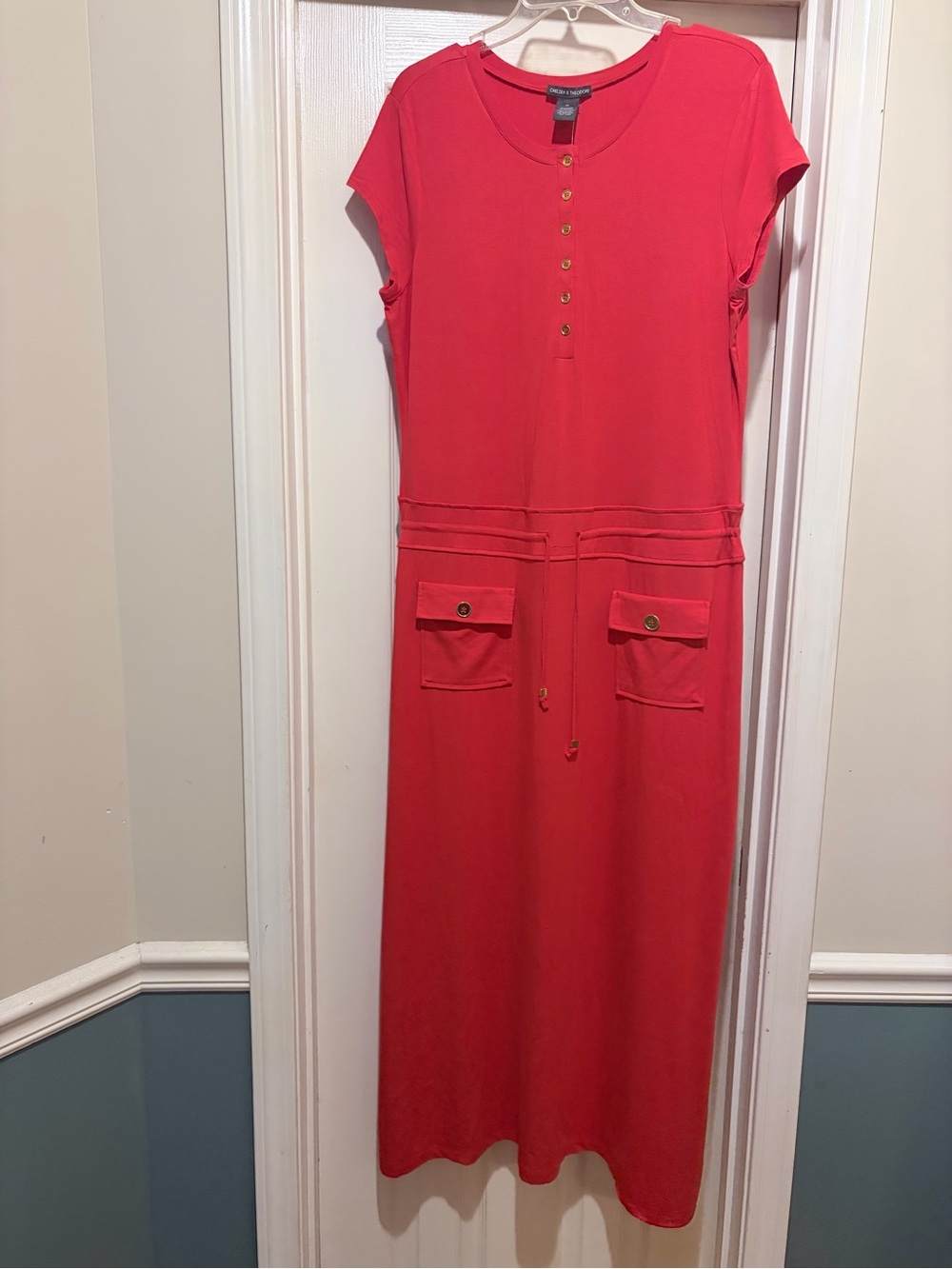 Chelsea & Theodore Coral Red Maxi Dress with Front Pockets